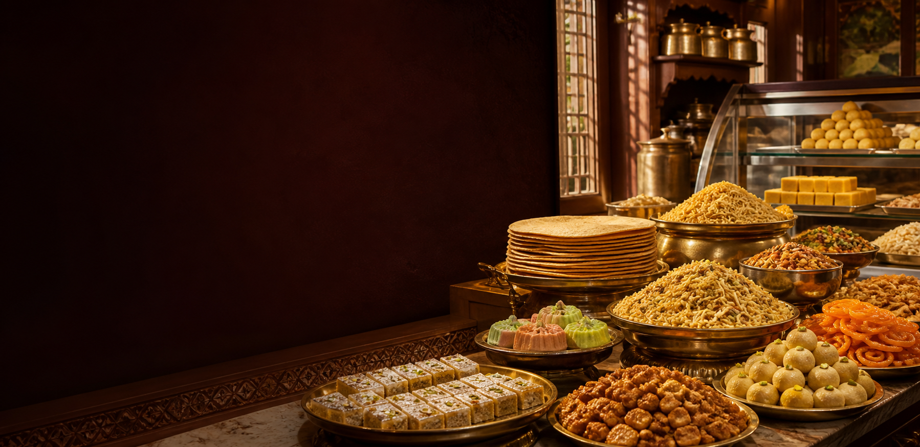 A colourful spread of traditional Gujarati namkeen, farsan and sweets